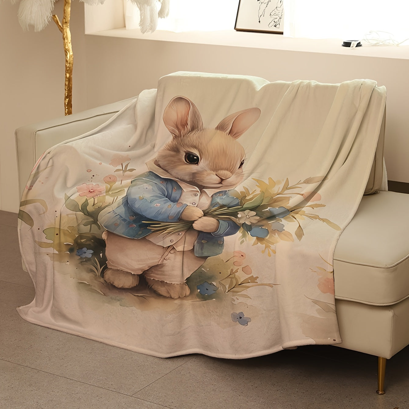 Cozy Cartoon Bunny Printed Blanket - This blanket features a charming cartoon bunny design, perfect for adding a touch of whimsy to any space. Made from soft and warm knit polyester coral fleece, this blanket is ideal for year-round use. The digital