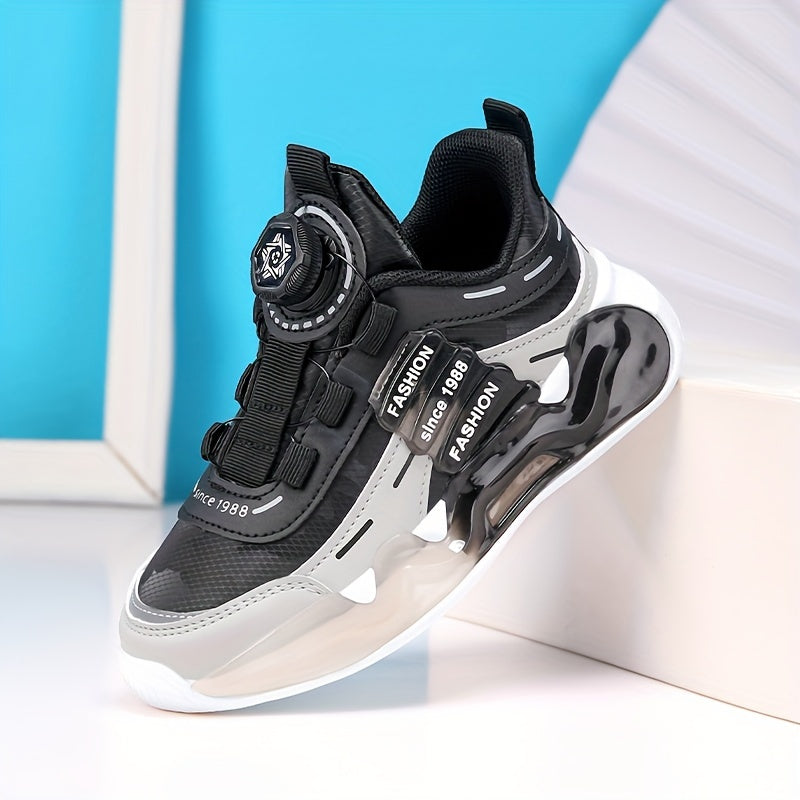 Stylish solid color boys' basketball sneakers with rotating buckle, breathable lining, and EVA sole for running and sports.