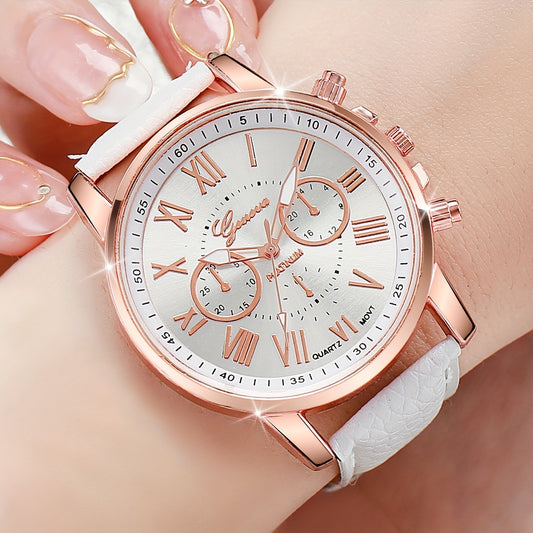 4pcs/set Black, white, pink fashion quartz watch with Roman scale dial for women does not include watch box.