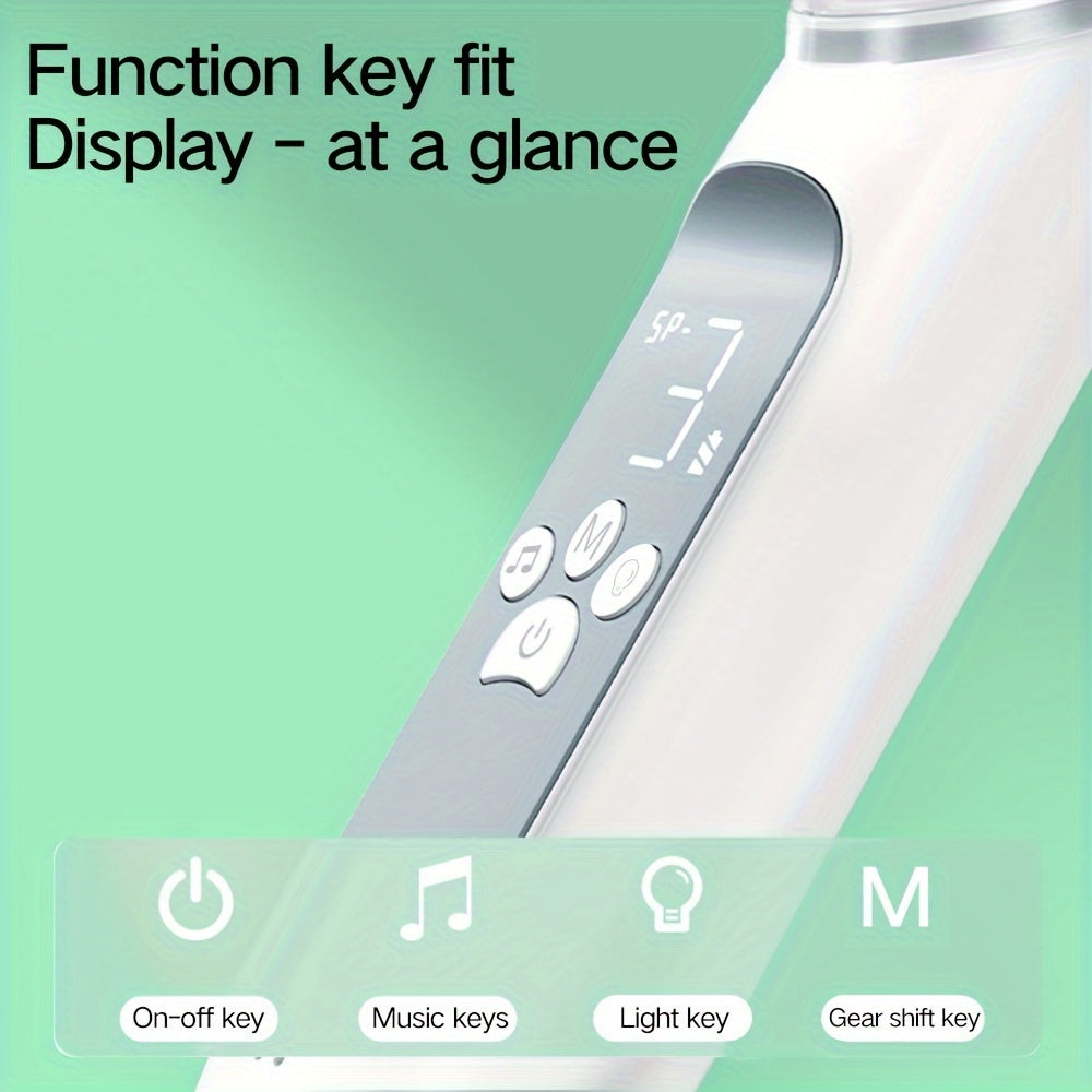 Electric nose suction device with music and lighting features, three adjustable suction levels, and interchangeable suction heads.