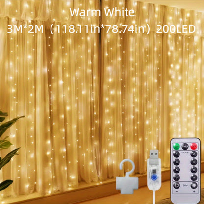 USB powered LED curtain string lights with remote control, 8 lighting modes, and infrared sensor function. Perfect for bedroom wall decoration, ideal for Christmas, parties, and Valentine's Day.