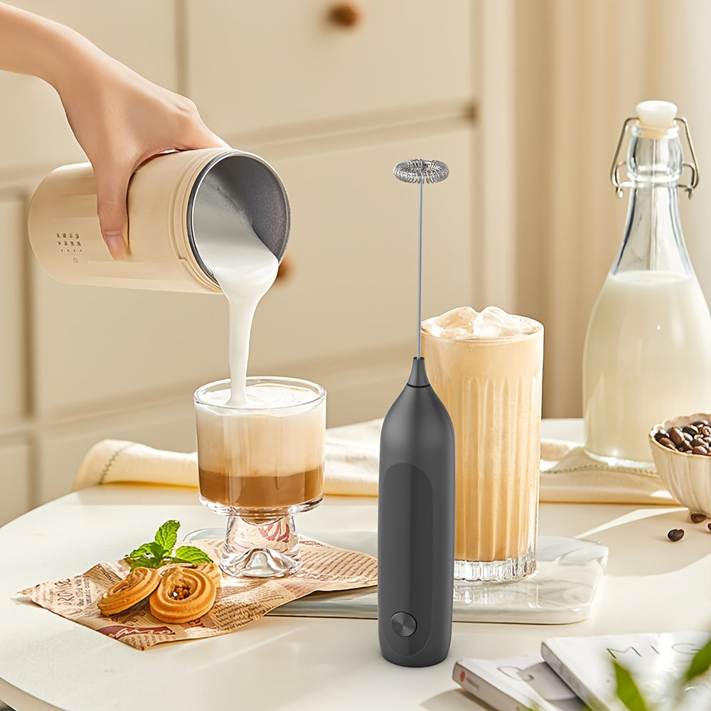 This handheld coffee frother is an electric milk frother that can also be used as a manual foam maker. It is constructed with a combination of metal and plastic materials. Please note that it requires 2 AA batteries (not included) as it is a dry