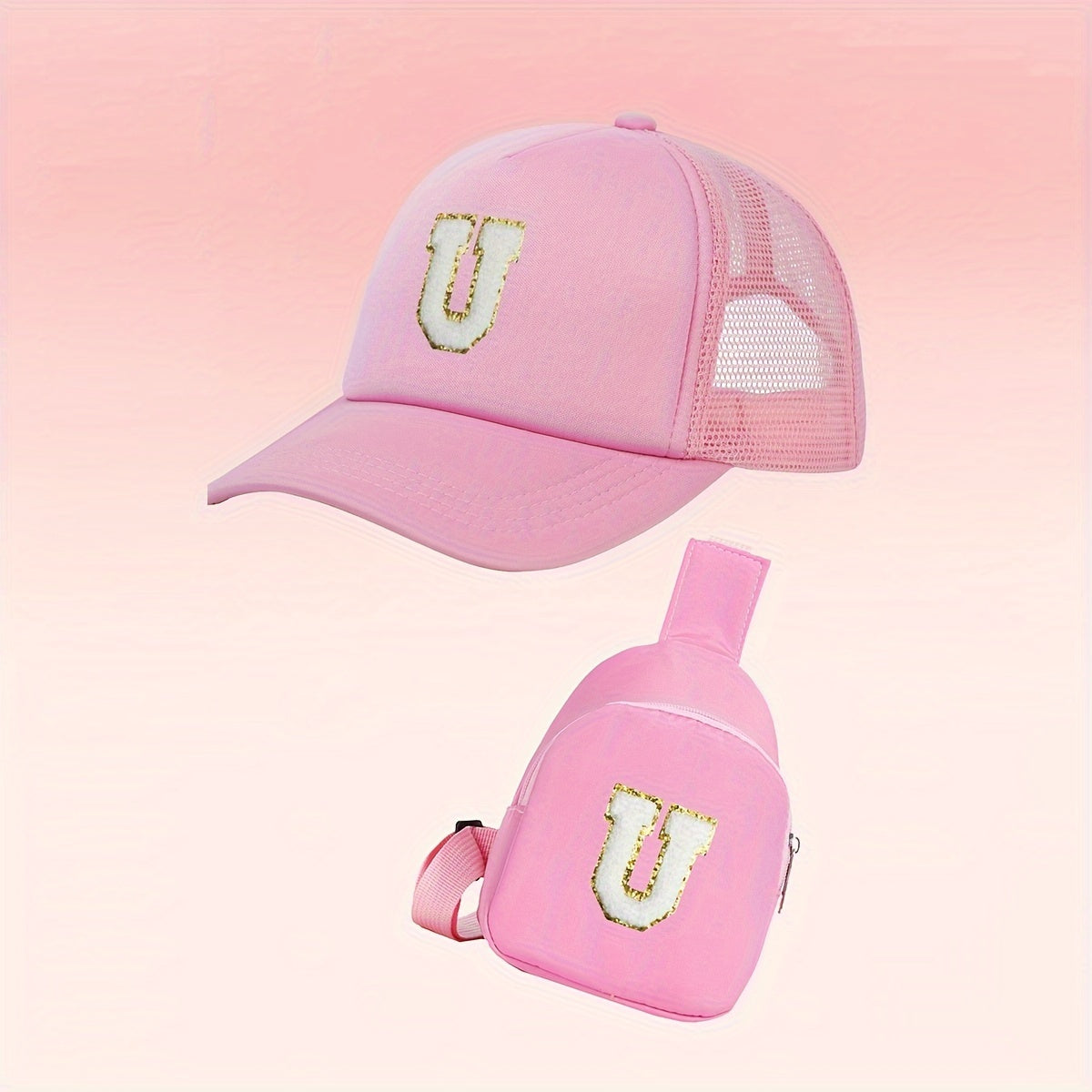 Alphabet-themed 2-piece set for girls includes a polyester baseball cap and bag, suitable for ages 3-14. Features a fitted, breathable design ideal for daily wear and special occasions