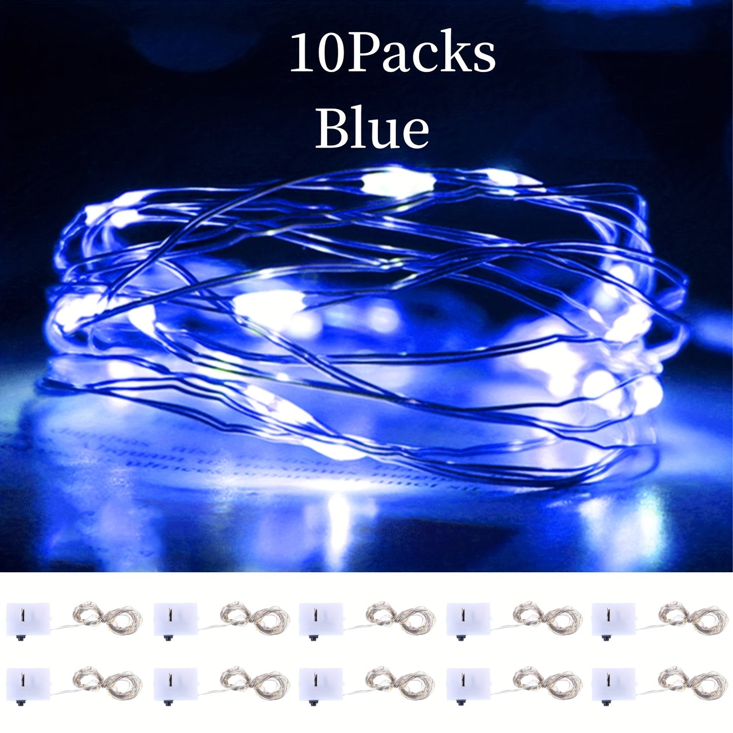 Battery operated LED string lights in a 10-pack, available in lengths of 99.06cm, 198.12cm, and 299.72cm with 10, 20, or 30 LEDs. Perfect for indoor decoration such as BOBO balloons, parties, weddings, and Christmas, these lights create a warm and