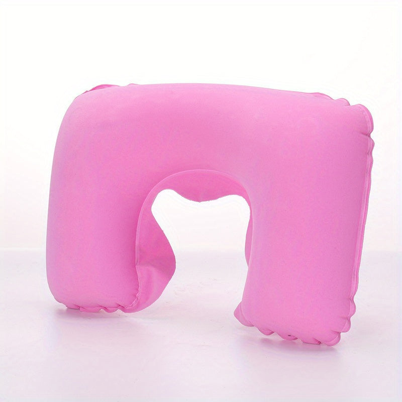 Inflatable U-shaped Travel Pillow Set with Short Plush Cover, PVC Support Headrest, Earplugs, and Eyeshade for Car or Office Use