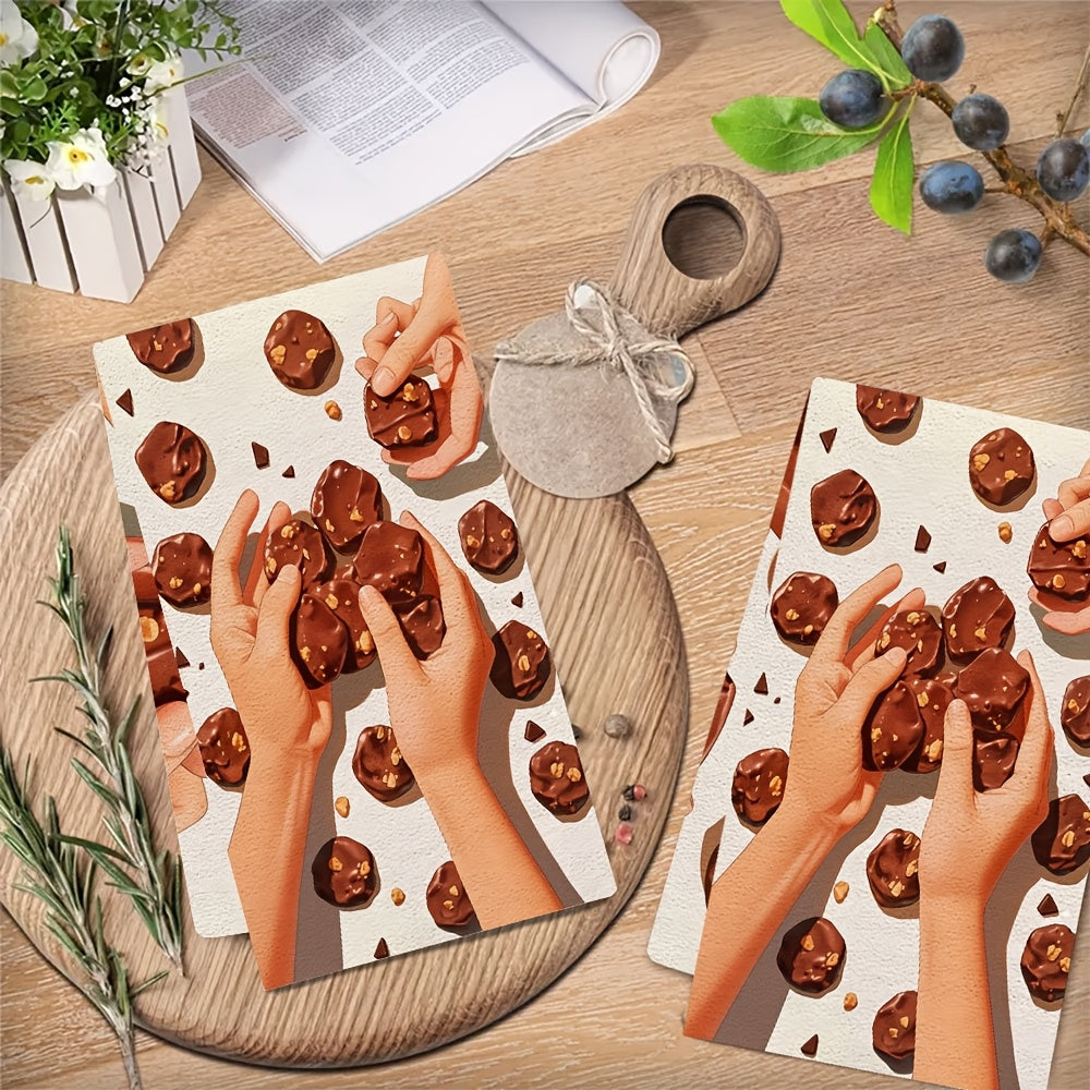 Get 2 ultra soft kitchen towels, perfect for holiday decor and featuring a set of gourmet chocolate covered cookies. These highly absorbent dish hand towels are machine washable and measure 16x24 inches. Item number: 2KYSMF1214049