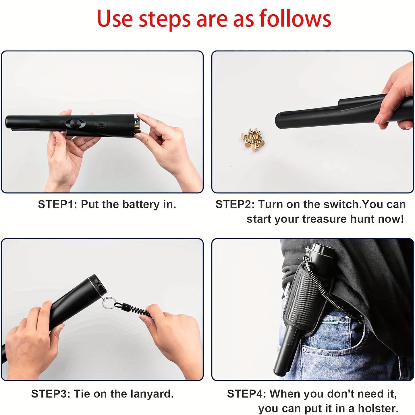 Adjustable sensitivity pinpointer metal detector with 360 degree search, LED indicator, belt holster, buzzer, battery-operated (batteries not included).