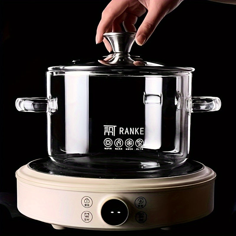 Transparent stovetop cooking pot made of borosilicate glass with seal finish, suitable for induction cooking. A kitchen gadget accessory that requires no power.