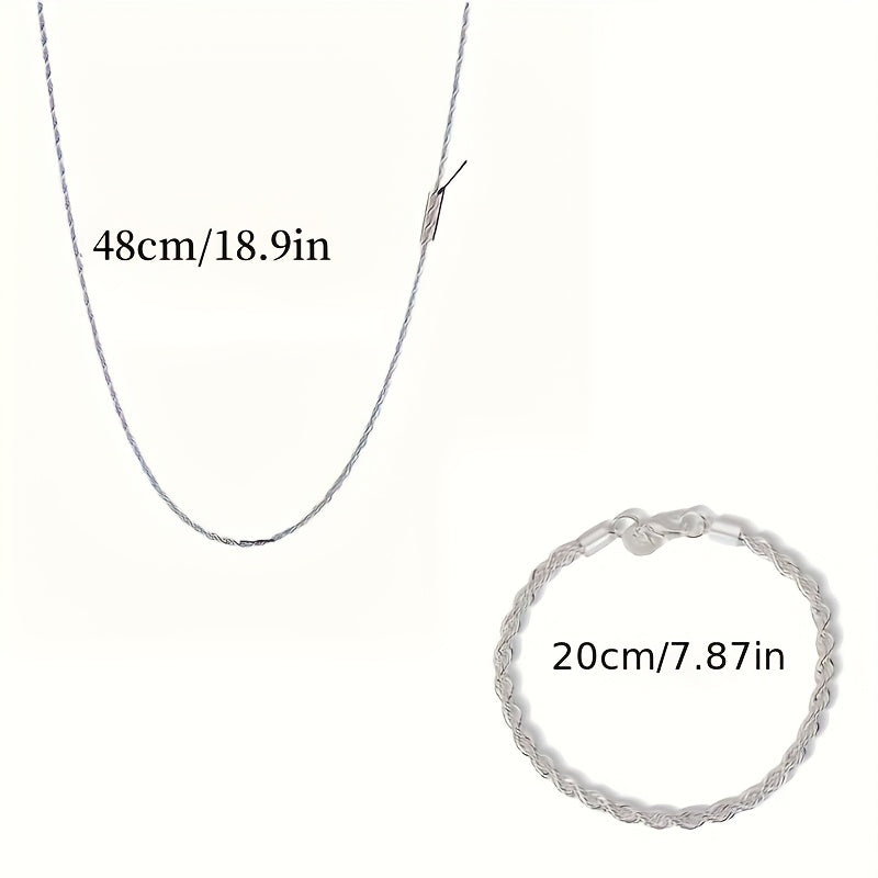 925 Sterling Silver Twisted Rope Chain Necklace and Bracelet Set, Includes 2 Pieces, Elegant Classic Style, No Stones, Plated Jewelry Ideal for Women, Perfect for Daily Wear or Gifting