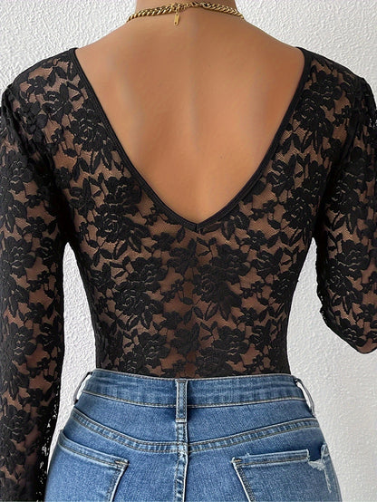 Stylish lace bodysuit with long sleeves, slim fit, see-through design, solid color, and floral print - made of polyester and elastane blend, recommend hand wash or dry clean.