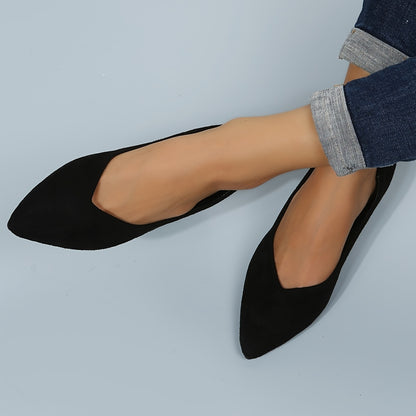 New fashion black point toe flats for plus size women, suitable for daily wear with lightweight and comfortable design.