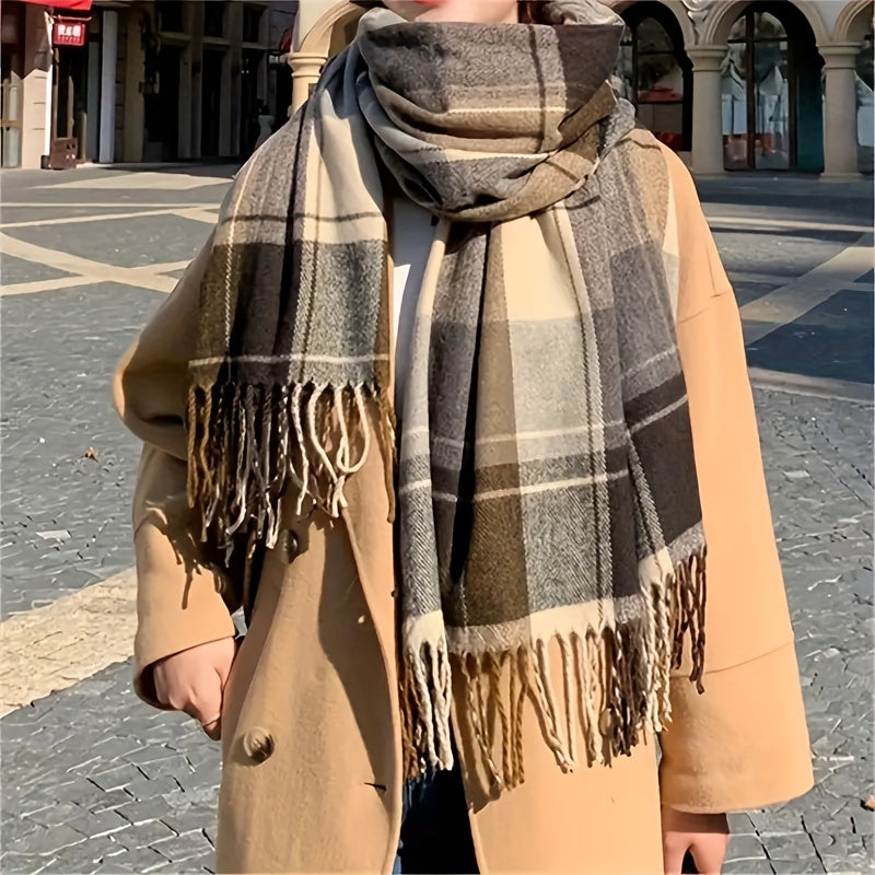 Elegant Vintage British Plaid Scarf - Cozy, Plush & Fashionable with Tassels for Both Men and Women, Faux Cashmere Material, Ideal for Autumn/Winter Seasons