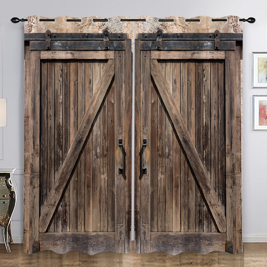 Set of 2 Rustic Curtains with Wooden Door Design, Ideal for Bathroom, Living Room, Bedroom, Window Treatments, and Home Décor