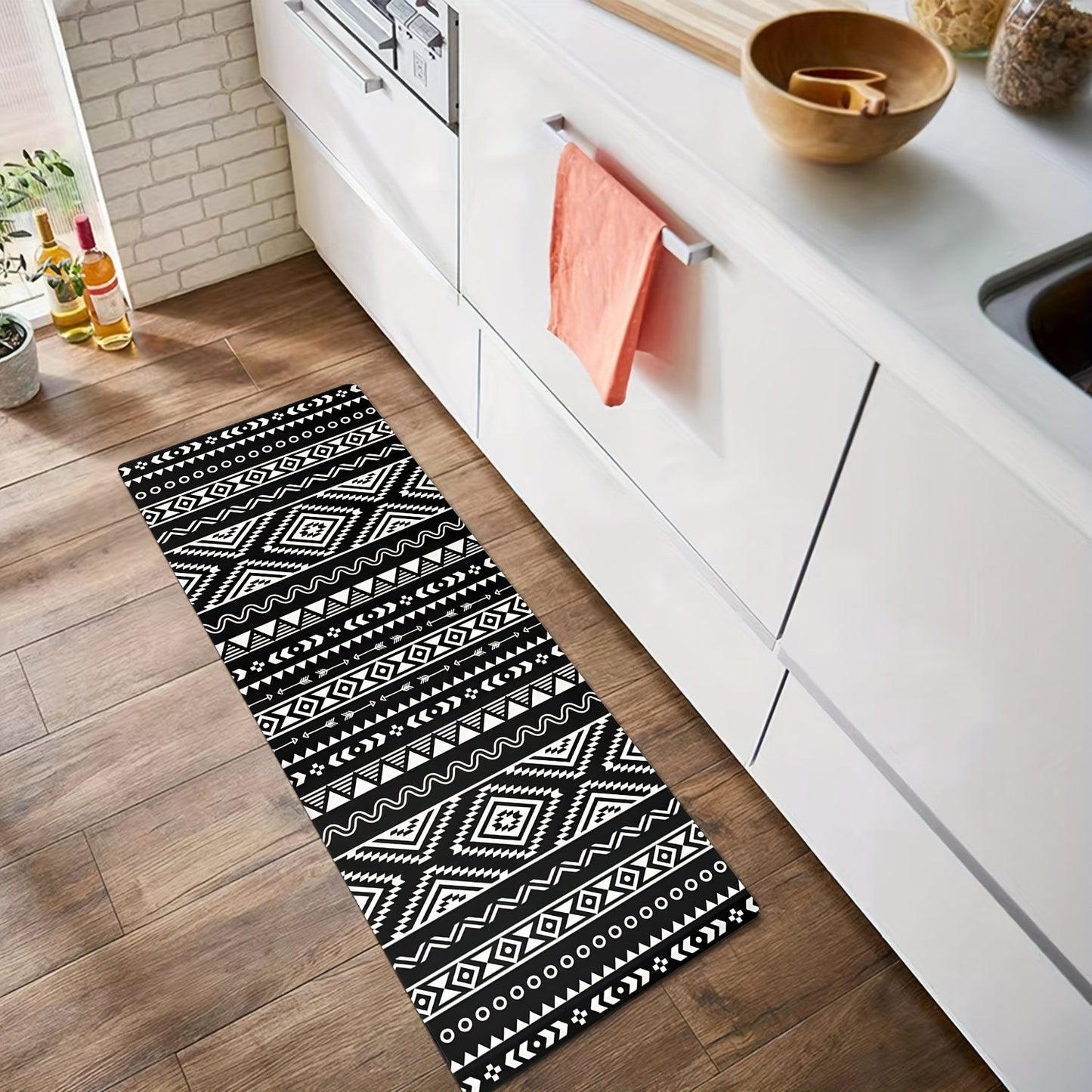 Bohemian Black And White Carpet Floor Mat for Kitchen, Dining Room, Home Office, Sink, and Laundry Room. Features Farmhouse Fatigue-Resistant design, Non-slip and Washable for added convenience.