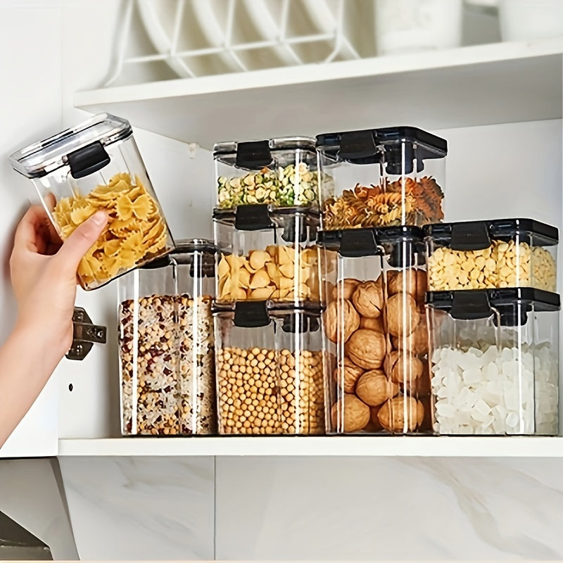 Set of airtight food storage containers - Clear plastic canisters with durable lids for organizing kitchen and pantry items like cereal, pasta, grains, nuts, and spices. BPA-free PET material, stackable design, and available in various sizes (small