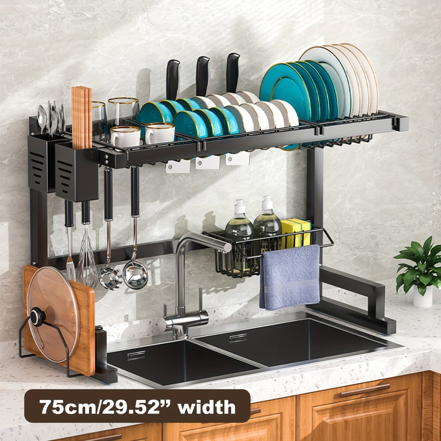 Large black metal dish drying rack that fits over the sink, includes detachable shelf with utensil holder, cup rack, and cleaning sponge caddy. Saves space in the kitchen and doesn't require electricity. Great for organizing kitchen storage.