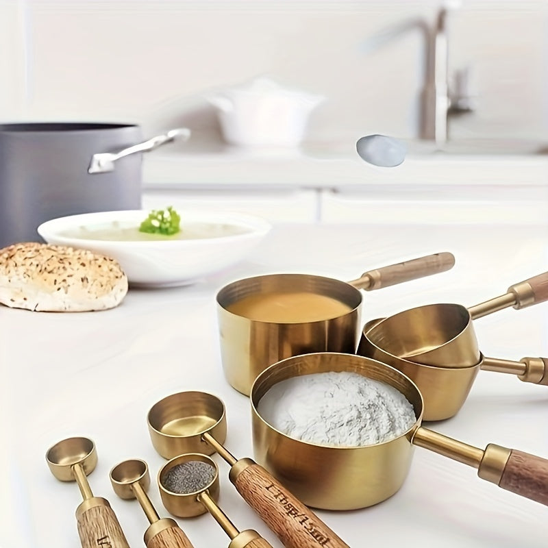 Set of 4 measuring cups and 4 measuring spoons, with both metric and US measurements. Features wood handles, high-quality stainless steel construction, golden polished surface. Ideal for measuring dry and liquid ingredients while cooking and baking.