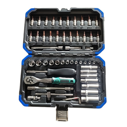 High-end Professional 53&46pcs 1/4 inch Drive Tool Set for automotive and home repair, includes ratchet wrench, metric sleeves, and extension bar with storage box.