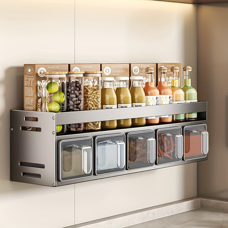 Organize your spices with ease using the Wall Mount Spice Rack Organizer. This hard anodized aluminum hanging shelf includes 5 clear jars for convenient storage. The multipurpose seasoning box holder features comfortable pull handles for added