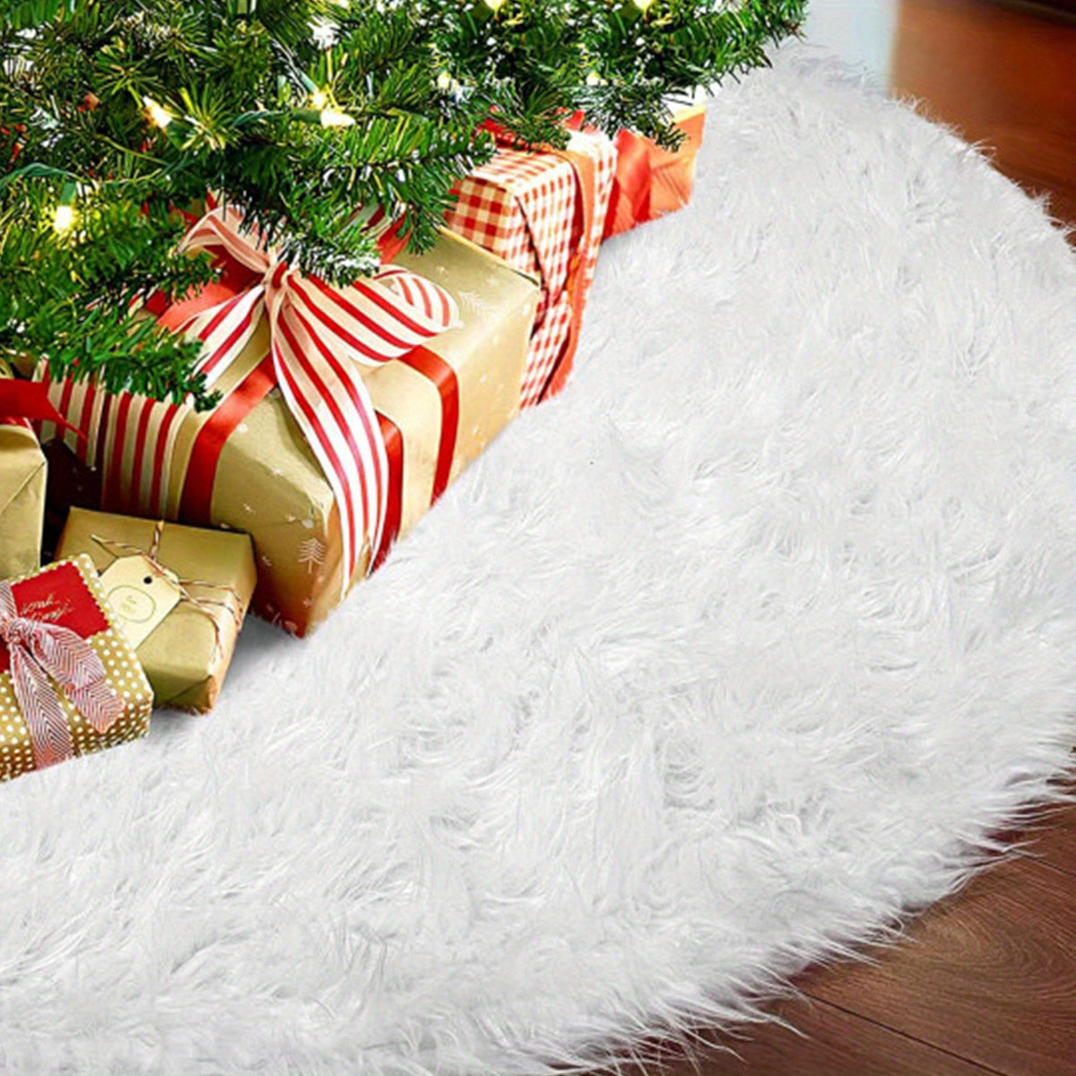 White plush Christmas tree skirt measuring 77.98cm, perfect for festive tree decor with ornaments.