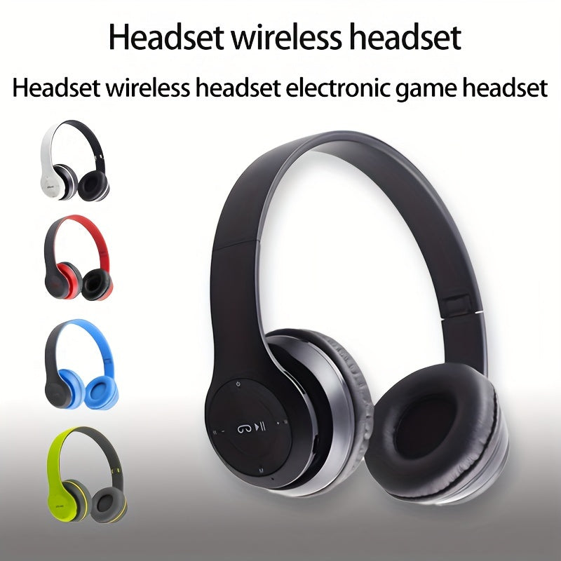 Wireless foldable headphones with hi-def sound, mic for gaming, rechargeable battery, adjustable headband, padded earcups, and available in multiple colors.