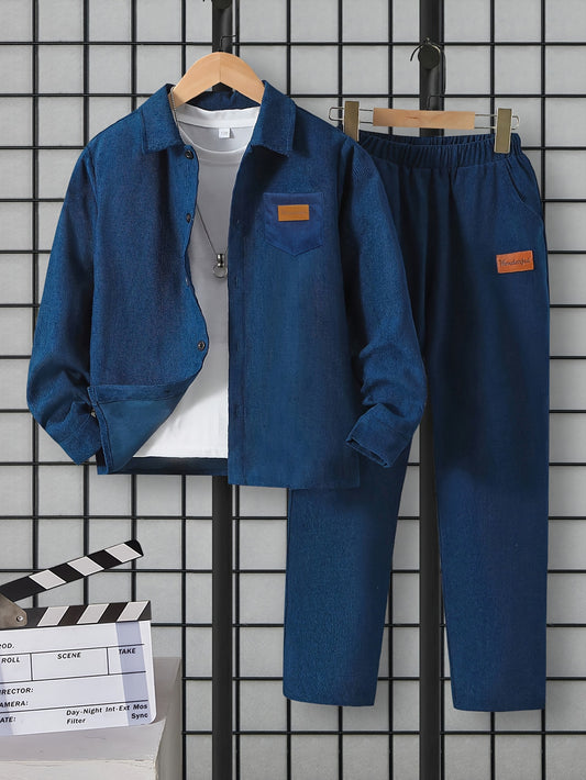 Boys' Casual Denim Outfit Set with Long Sleeve Jacket and Elastic Waist Pants, Comfortable Polyester, machine washable, Perfect for Outdoors.