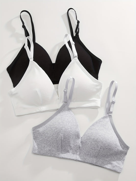 3 Wireless Bralettes for Women - Comfortable, Breathable, No Underwire, Removable Pads, Solid Color