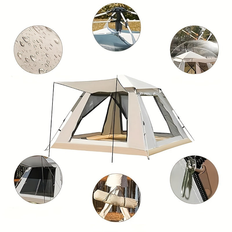 Portable and foldable 6-person family camping tent with automatic setup, ventilated sunshade, and all-season polyester fabric.