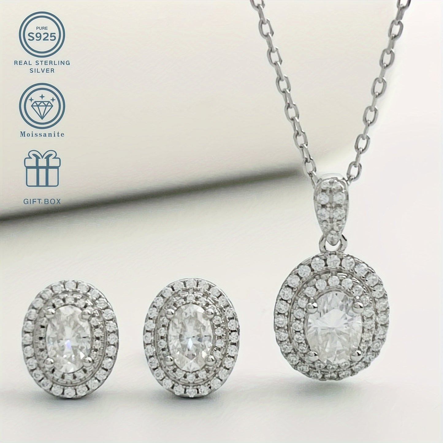 Elegant 925 Sterling Silver Moissanite Jewelry Set, Featuring 1.0 Carat Egg-Shaped Pendant and 0.5 Carat Earrings. This Sexy and Simple Style is perfect for Daily Wear or as a Wedding Accessory. Plated with 925 Silver, it makes an Ideal Gift for Mother's