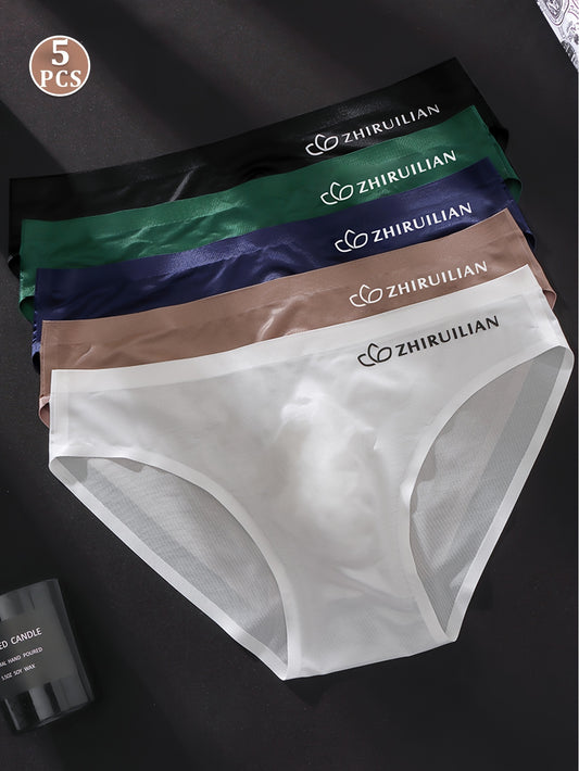 5-pack of men's seamless boxer briefs made of 68% nylon and 32% spandex knit fabric. Lightweight, stretchy, and comfortable with a solid color and letter print design. 150gsm.