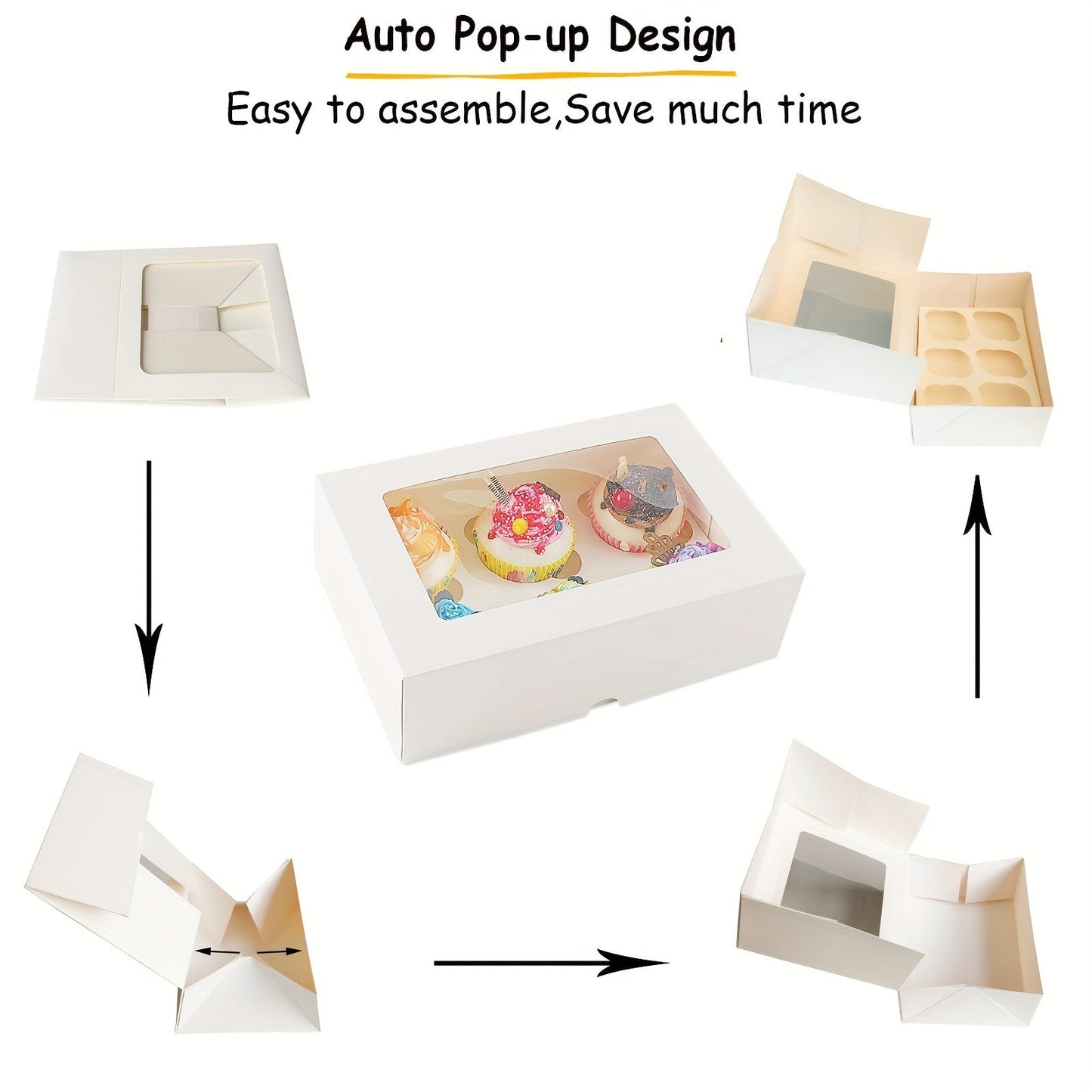 Pack of 6 Cupcake Containers in White Kraft Bakery Boxes with Clear Window and Holders, Ideal for Packaging Baked Goods such as Donuts, Cookies, Muffins, and Chocolate Bombs. Perfect for Weddings, Baby Showers, Birthdays, Graduations, and Favors. Size