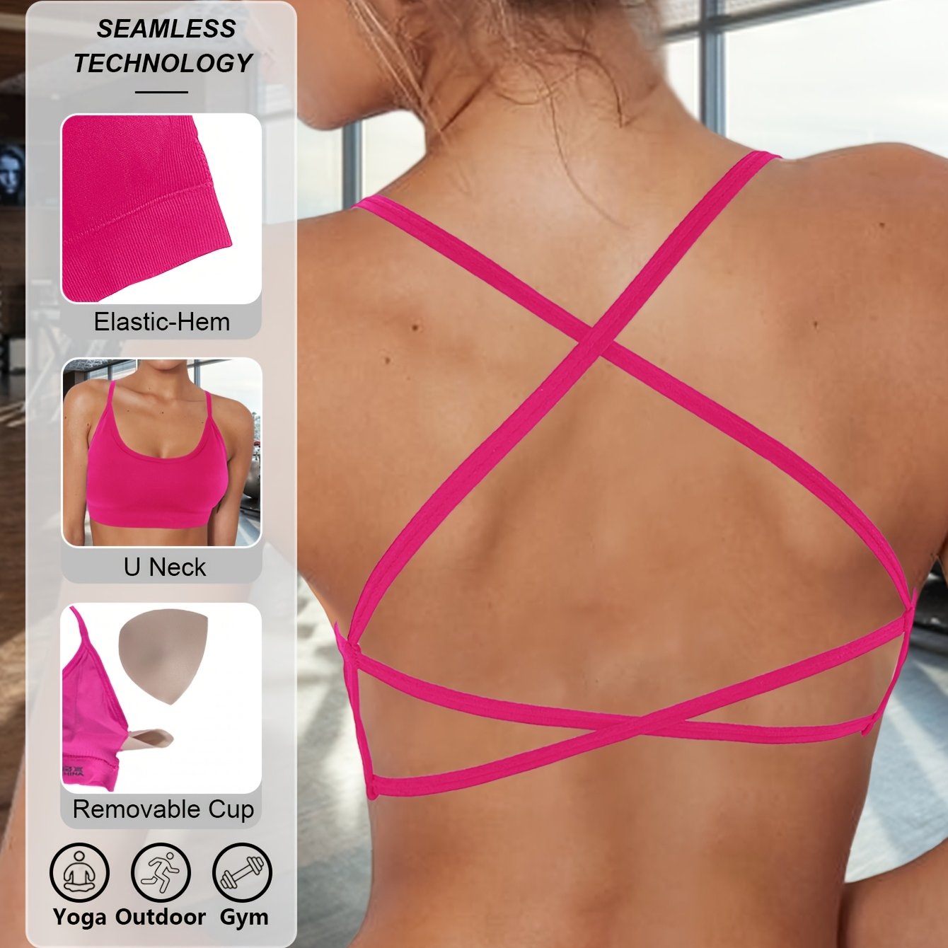 High-elastic sports bra with seamless design and high-intensity shock resistance, featuring breathable cross shoulder straps for yoga and fitness.