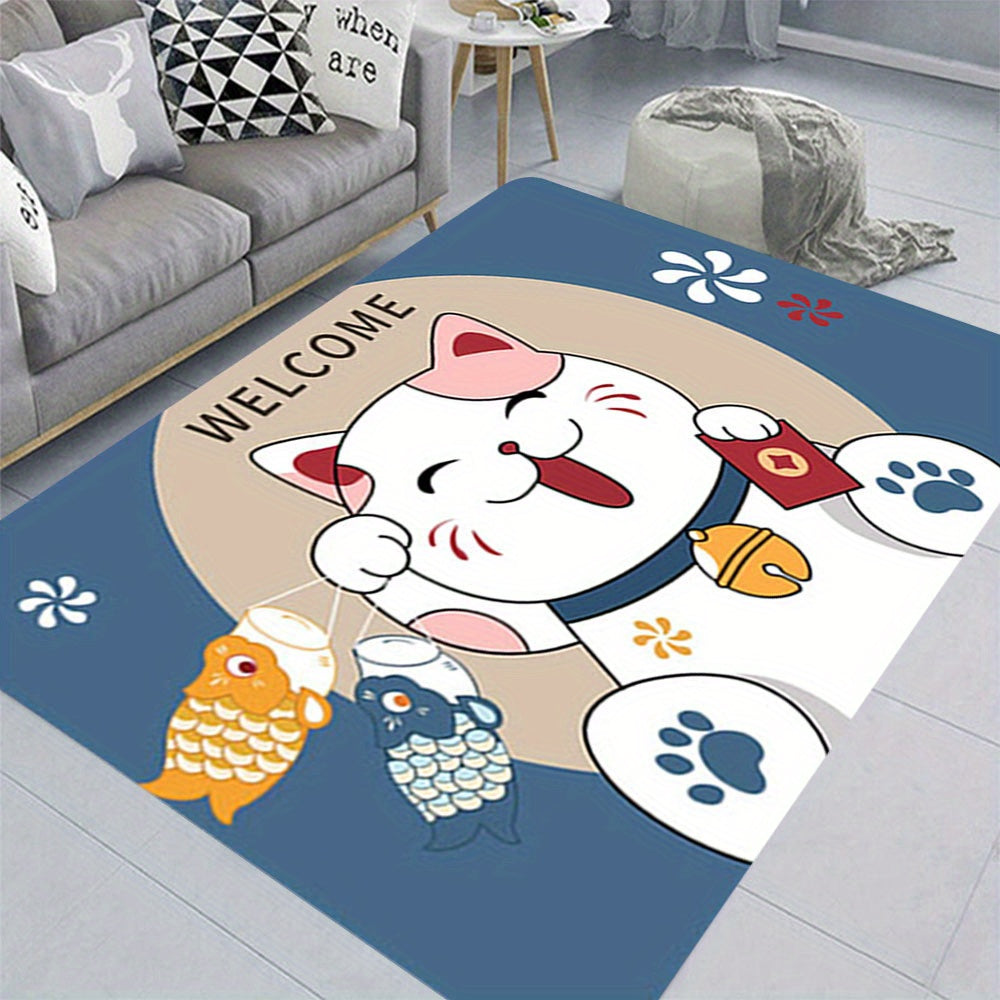 Soft thickened area rug with a Fortune Cat design, providing anti-fatigue comfort and shaggy style for your floors. This home decor essential is machine washable and non-slip, making it perfect for your entrance, living room, bedroom, game room