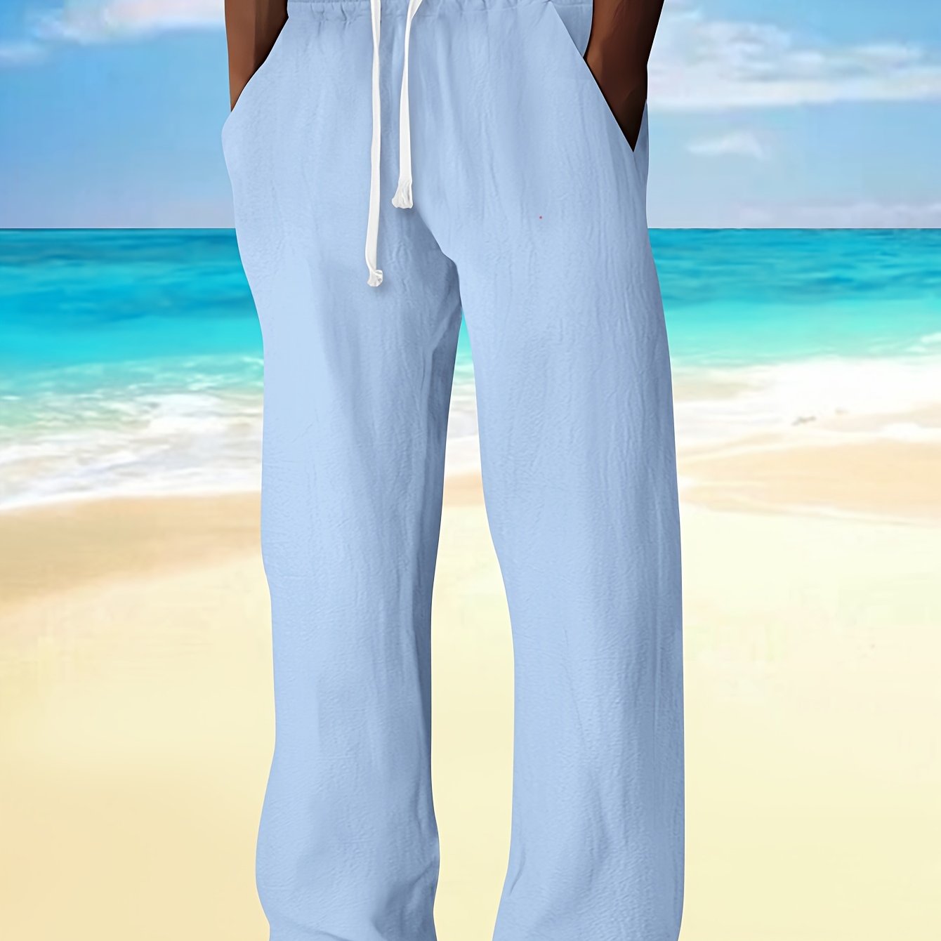 Men's casual drawstring pants made of cotton linen blend fabric. Features relaxed fit, straight leg with pockets, and a beach-inspired design. Ideal for spring and fall.