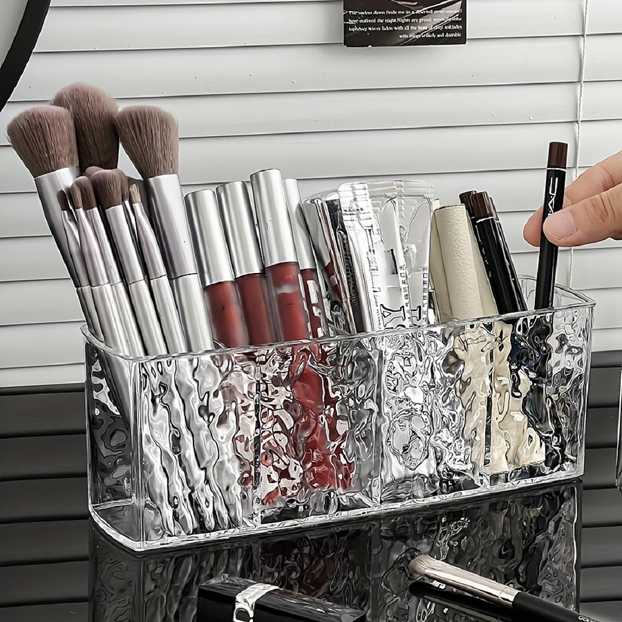 Clear PET Makeup Organizer with 4 compartments for brushes, lipsticks, and accessories, ideal for storage.