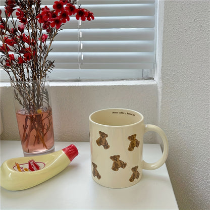 Large vintage cream bear ceramic mug, dishwasher safe, perfect for couples and breakfast.