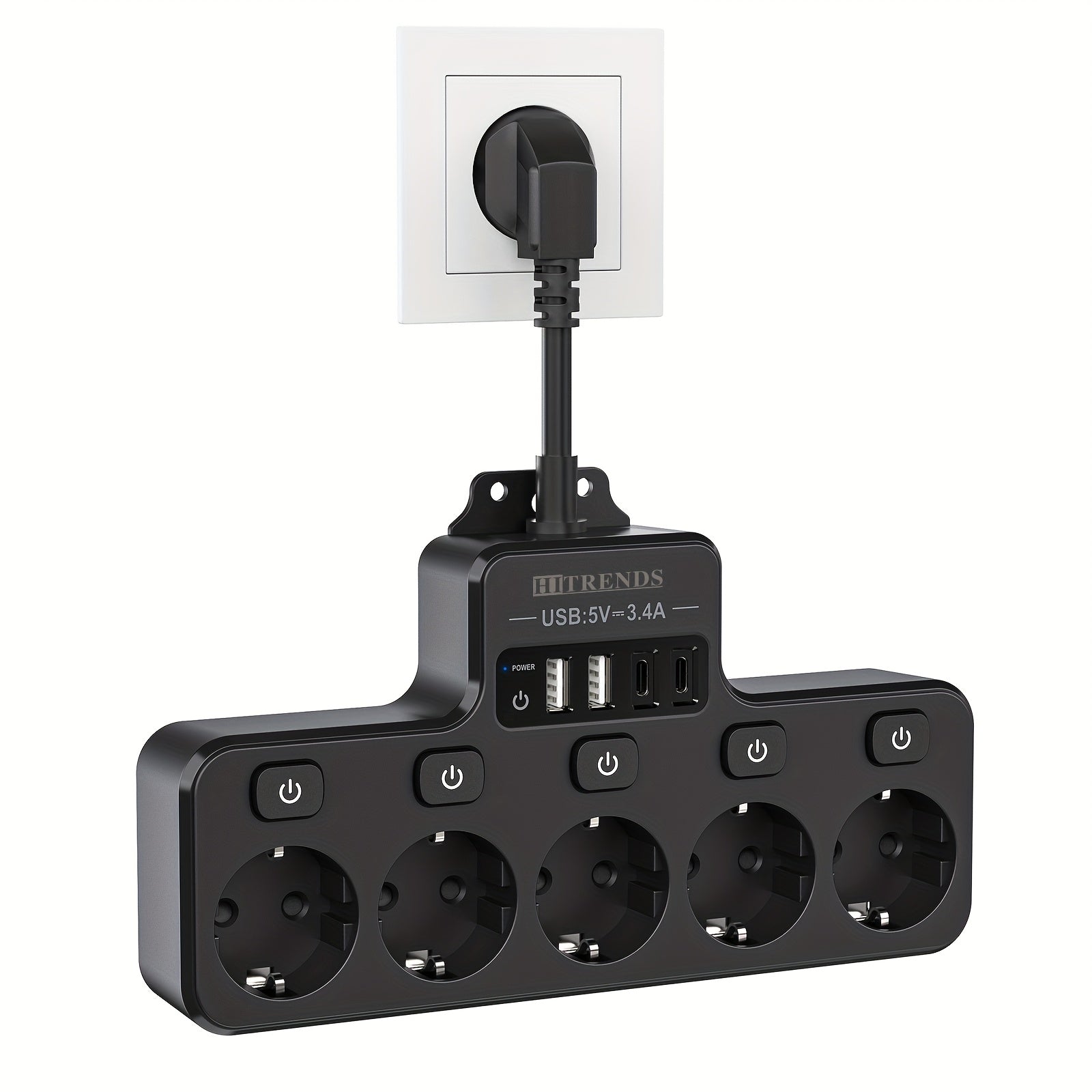 Power strip with 5 EU sockets, 2 USB-A ports, and 2 USB-C ports, smart charging, individual switch, flexible cable, wall-mounted for home, office, dorm use.