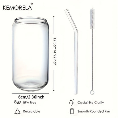 KEMORELA offers can-shaped drinking glasses with glass straws, available with or without a lid. These versatile cups are ideal for beer, iced coffee, whiskey, soda, tea, water, and more. Each set comes with cleaning brushes as a gift.