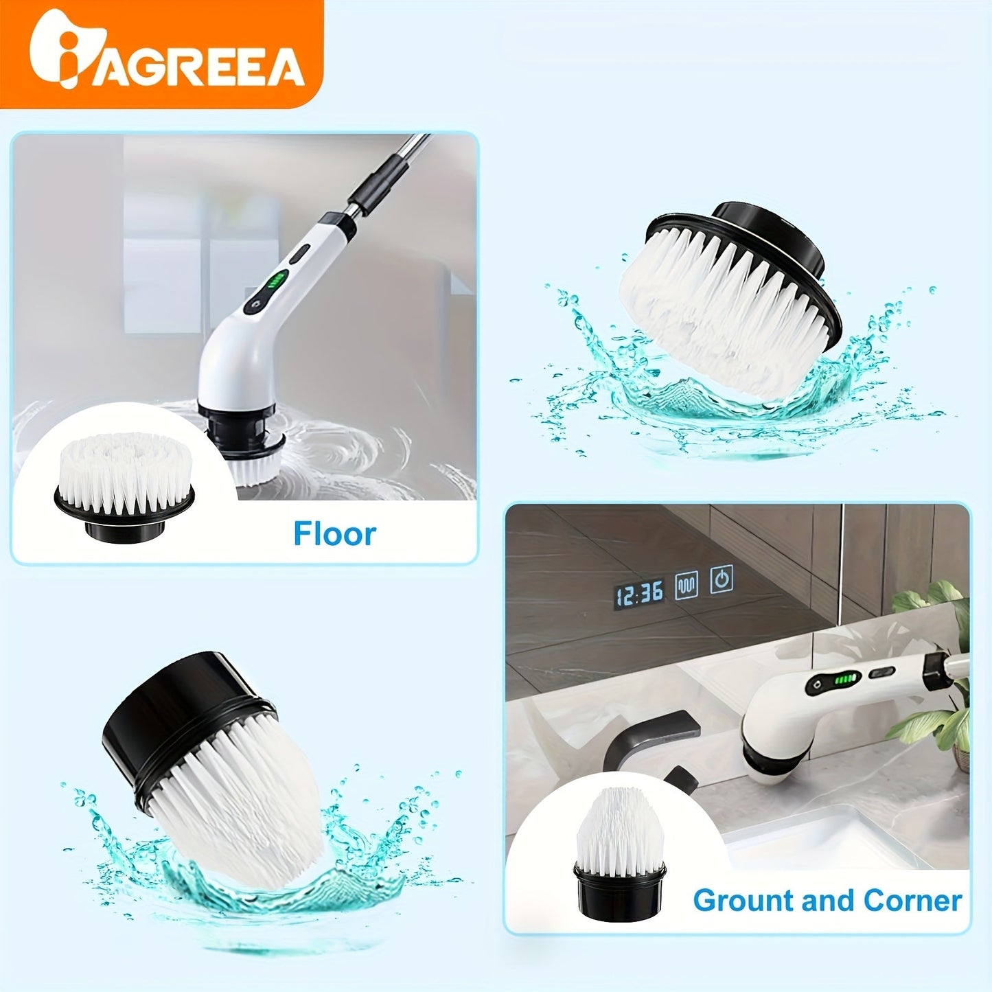 Get ready for the IAGREEA Electric Cleaning Brush! This rotary floor scrubber comes with 6 replaceable brush heads, an adjustable extension handle, and cordless 360-degree cleaning for your bathroom, bathtub, and tiles. Say goodbye to dirt and grime with