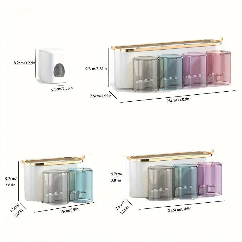 Durable plastic wall-mounted toothbrush holder with gargle cup for space-saving bathroom organization.