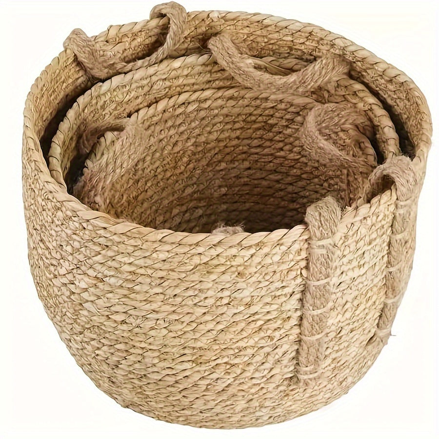 3 Handmade Woven Storage Baskets with Rustic Grass Finish - Perfect for Laundry or Home Organization