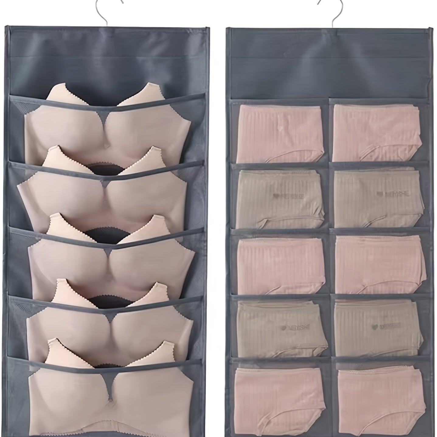 One-piece Closet Hanging Organizer featuring Mesh Pockets and Rotating Metal Hanger. This Dual-Sided Wall Shelf Wardrobe Storage Bag is made of Oxford Cloth, perfect for saving space for bras, underwear, underpants, and socks.