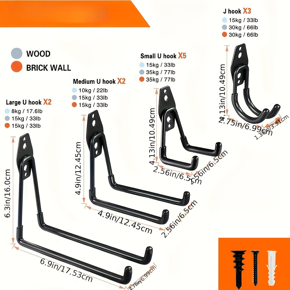12 heavy-duty steel garage hooks for organizing power tools, ladders, bikes, and more equipment. Ideal for garage organization and storage.