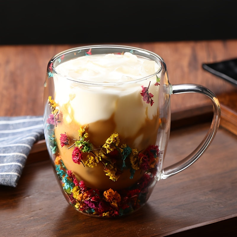 Stylish Double-Wall Glass Coffee Mug adorned with Vibrant Dry Flowers - Holds 250-350ml - BPA-Free - Hand-Wash Only - Great for Hot & Cold Drinks - Non-Slip Design - Perfect Christmas Gift - Ideal for Coffee Lovers & Coffee Bars