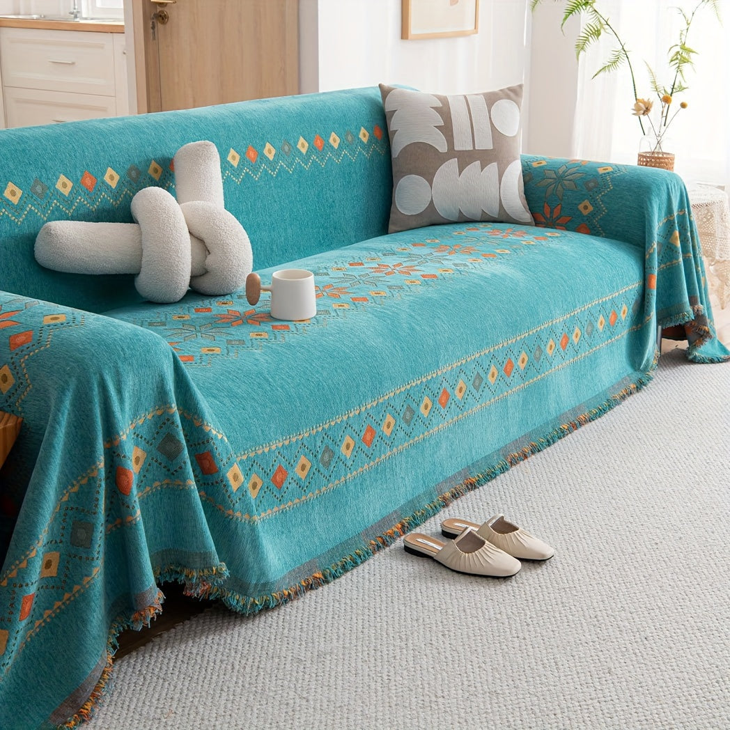 Boho-style sofa cover for all seasons with non-slip feature, suitable for bedroom, office, living room, and home decor.