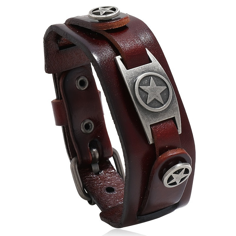 [Trending Pick] Men's Punk Rock Style Bracelet, Made of Genuine Leather with Zinc Alloy Star Pendant, Non-Magnetic Fashion Statement Piece