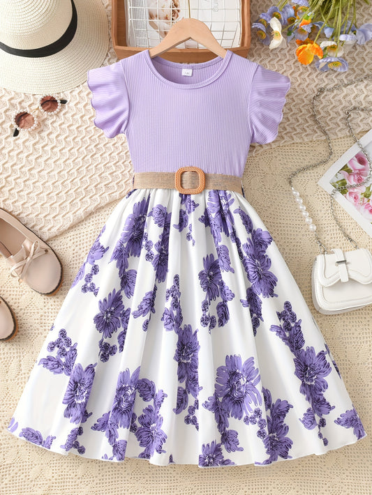 Summer floral dress for girls with ruffle sleeves, knee-length, polyester knit fabric, elastic waist belt, and flared hem in lavender & white floral print. Crew neckline and A-line