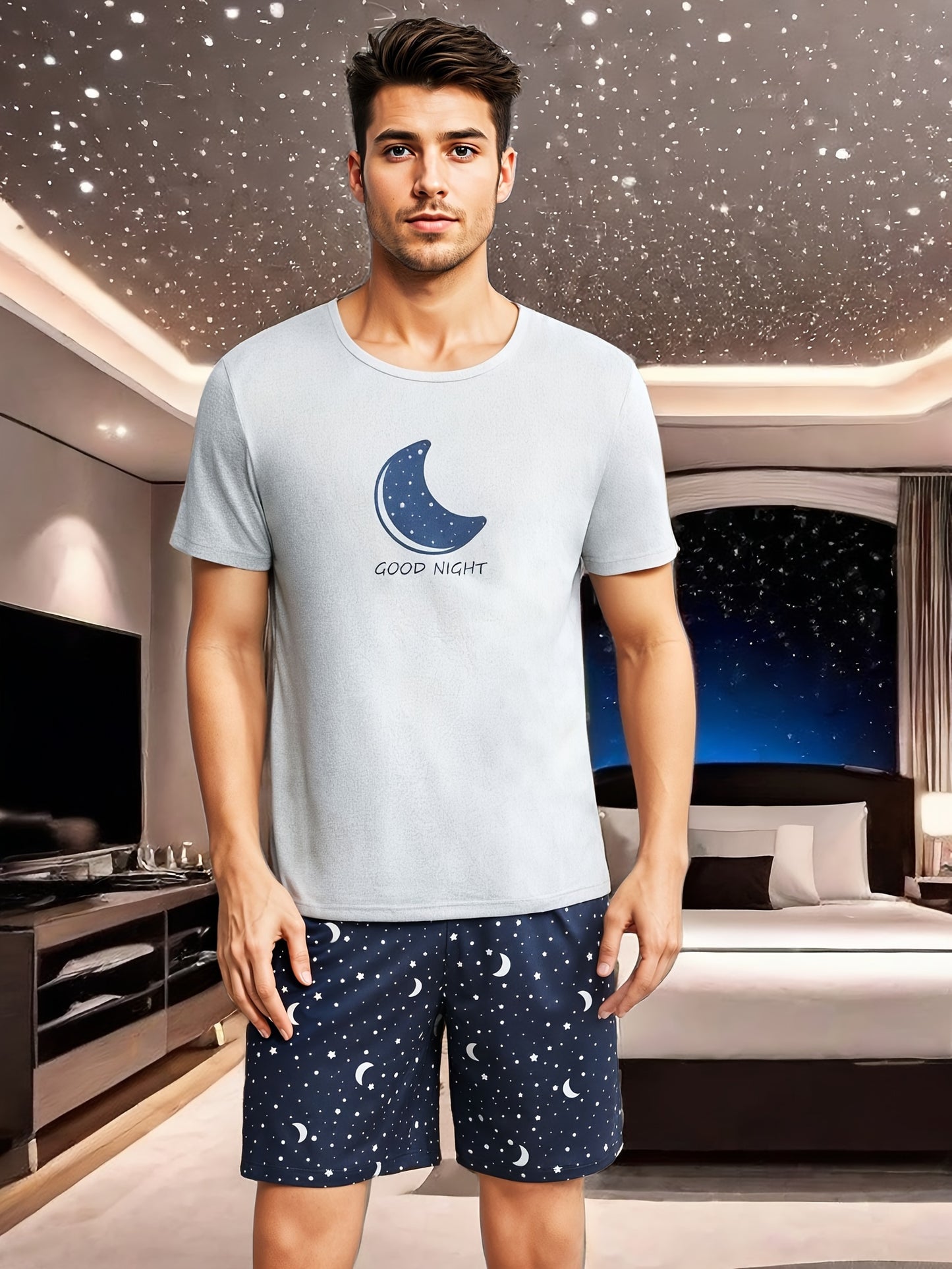 Men's moon and slogan graphic tee and galaxy print shorts pajama set made from polyester with crew neck, medium stretch, random print, regular fit, knit fabric, and elastane composition.