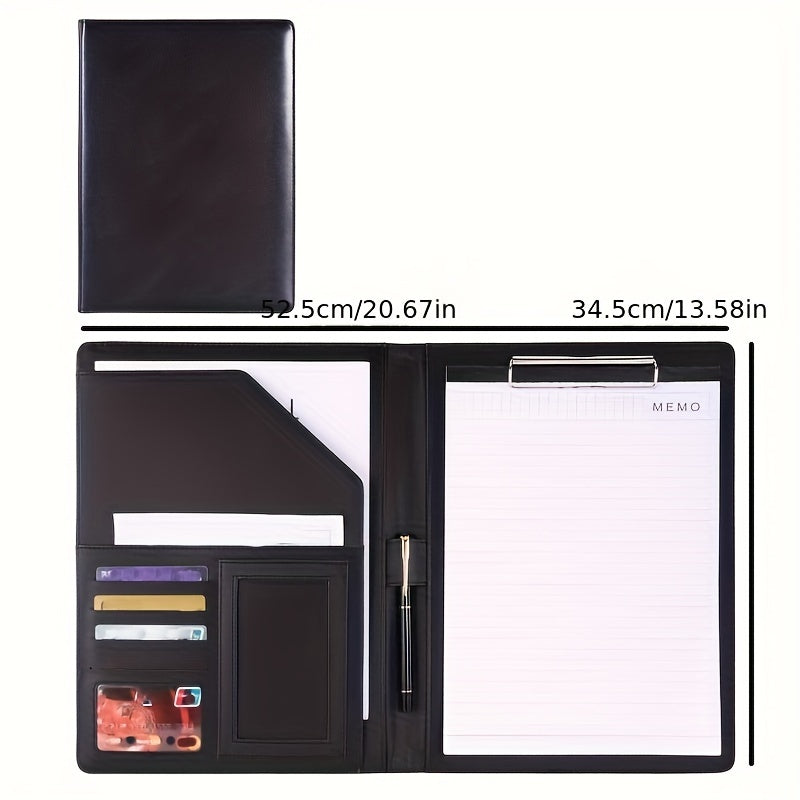 Black faux leather clipboard folder with resume & interview organizer, business card holder, pen loop, smartphone pocket - professional office accessory kit.