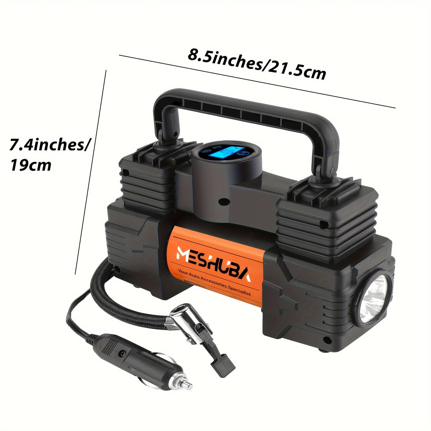 Portable MESHUBA Tire Inflator: 12V air compressor with 150PSI pump and digital gauge for cars, bikes, and more in orange.